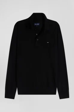 Regular black wool jumper with rugby shirt collar
