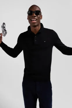 Regular black wool jumper with rugby shirt collar
