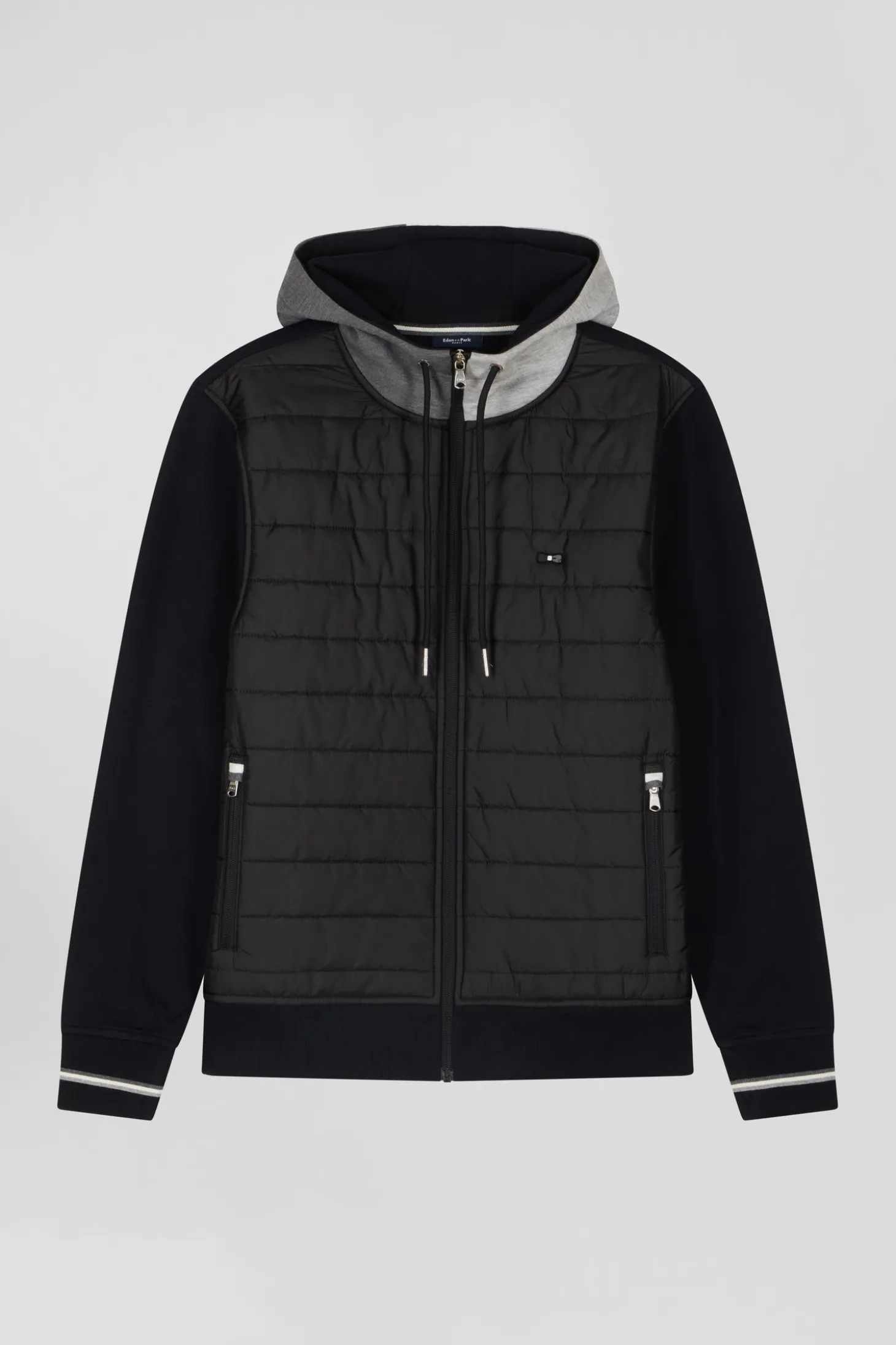 Regular black zipped bi-material sweatshirt with padded front