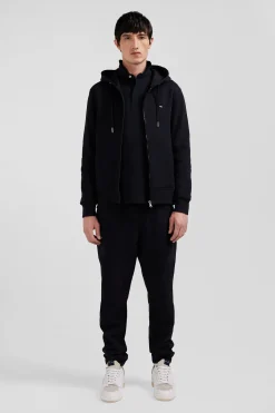 Regular black zipped brushed cotton fleece hoodie
