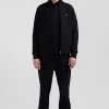 Regular black zipped brushed cotton fleece sweatshirt with high top collar