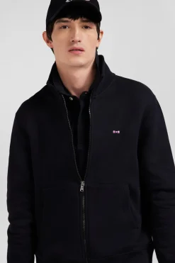 Regular black zipped brushed cotton fleece sweatshirt with high top collar