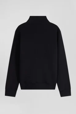 Regular black zipped brushed cotton fleece sweatshirt with high top collar