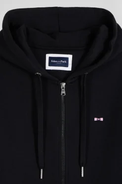 Regular black zipped brushed cotton fleece hoodie