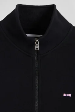 Regular black zipped brushed cotton fleece sweatshirt with high top collar