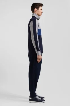 Regular blue and grey colorblock long-sleeved cotton rugby shirt