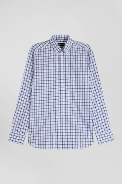 Regular blue and white checked cotton poplin shirt