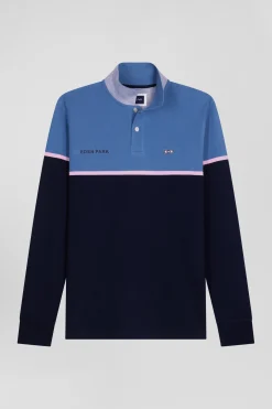 Regular blue bicolor long-sleeved cotton piqué polo shirt