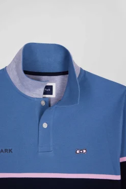 Regular blue bicolor long-sleeved cotton piqué polo shirt