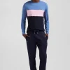 Regular blue colorblock long-sleeved cotton T-shirt