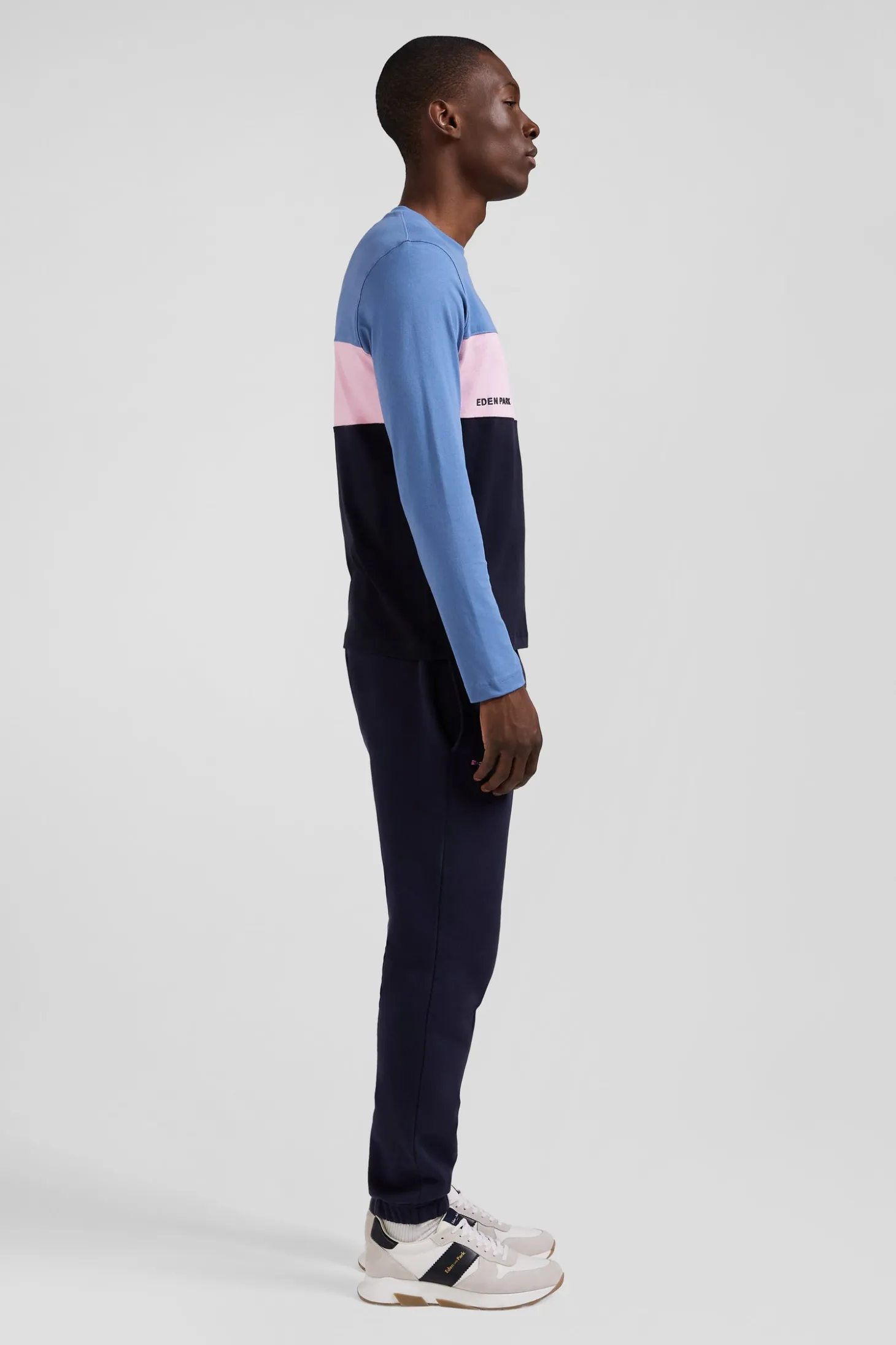 Regular blue colorblock long-sleeved cotton T-shirt