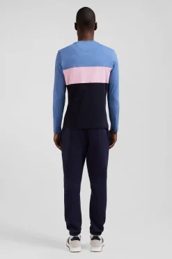Regular blue colorblock long-sleeved cotton T-shirt