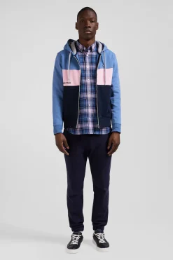 Regular blue colorblock zipped cotton hoodie