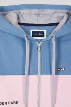 Regular blue colorblock zipped cotton hoodie