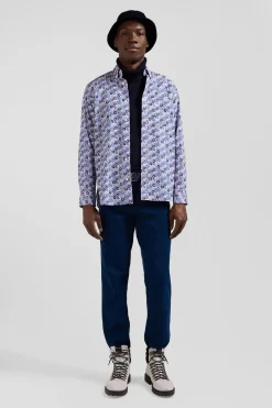 Regular blue cotton poplin shirt with floral print