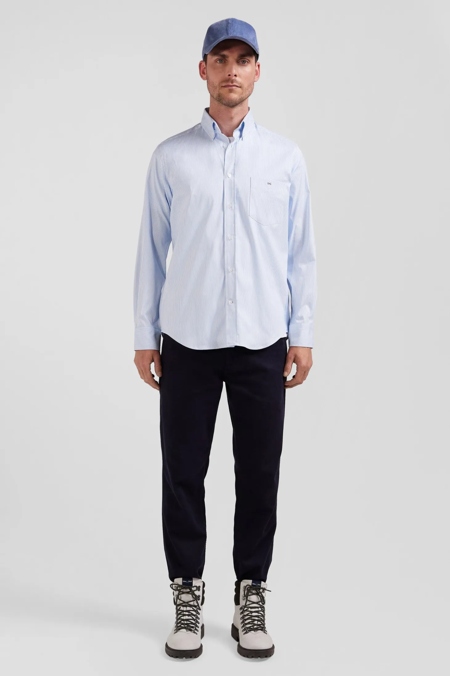 Regular blue cotton poplin shirt with baton stripes