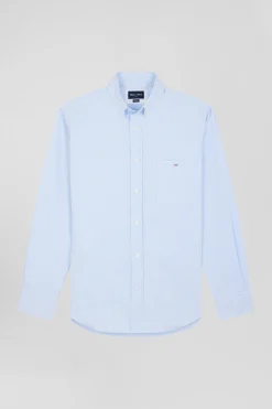 Regular blue cotton poplin shirt with baton stripes