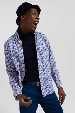 Regular blue cotton poplin shirt with floral print