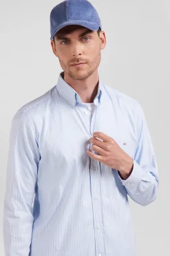 Regular blue cotton poplin shirt with baton stripes
