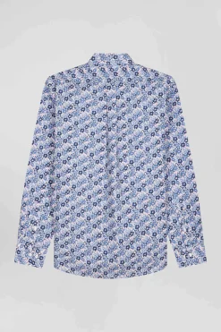 Regular blue cotton poplin shirt with floral print