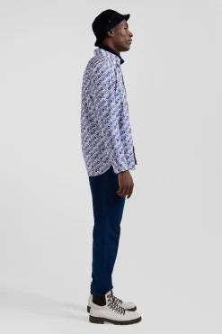 Regular blue cotton poplin shirt with floral print