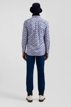 Regular blue cotton poplin shirt with floral print