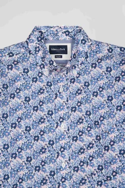 Regular blue cotton poplin shirt with floral print