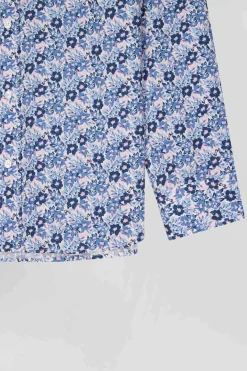 Regular blue cotton poplin shirt with floral print
