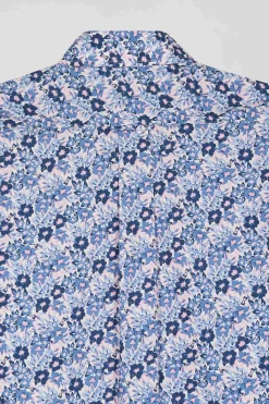 Regular blue cotton poplin shirt with floral print