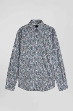 Regular blue floral print cotton poplin shirt