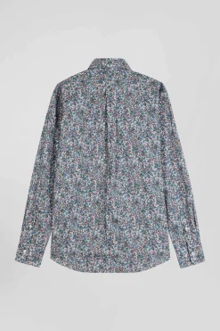 Regular blue floral print cotton poplin shirt