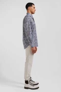 Regular blue floral print cotton poplin shirt