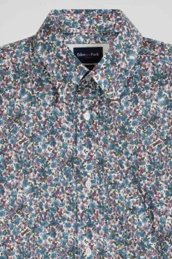 Regular blue floral print cotton poplin shirt