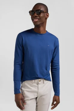 Regular blue long-sleeved cotton T-shirt