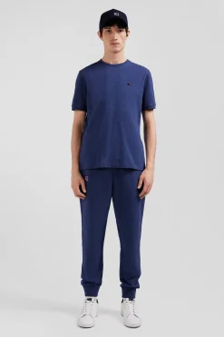 Regular blue short-sleeved cotton T-shirt with emblem embroidery