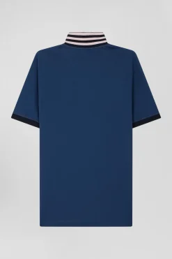 Regular blue short-sleeved cotton piqué polo shirt with contrasting details