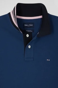 Regular blue short-sleeved cotton piqué polo shirt with contrasting details