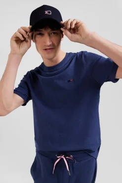 Regular blue short-sleeved cotton T-shirt with emblem embroidery