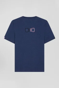 Regular blue short-sleeved cotton T-shirt with emblem embroidery