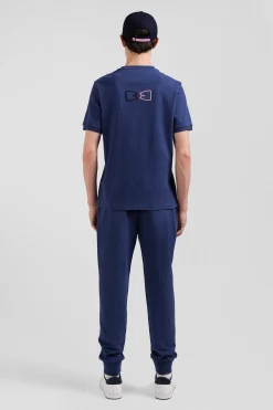 Regular blue short-sleeved cotton T-shirt with emblem embroidery
