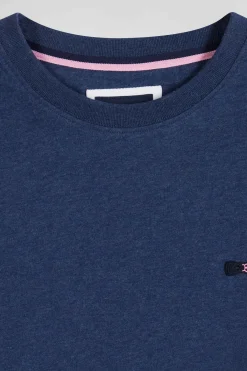 Regular blue short-sleeved cotton T-shirt with emblem embroidery