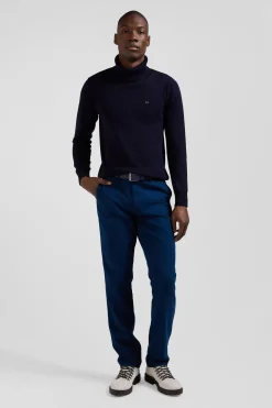 Regular blue stretch cotton piqué and modal chino trousers