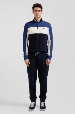 Regular blue tricolor long-sleeved cotton piqué polo shirt