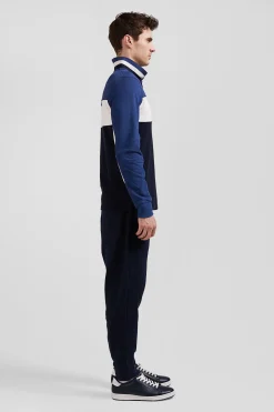Regular blue tricolor long-sleeved cotton piqué polo shirt
