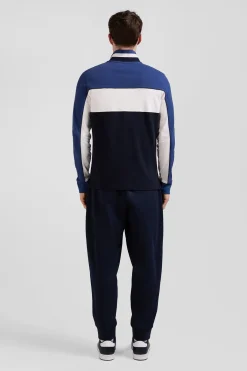 Regular blue tricolor long-sleeved cotton piqué polo shirt