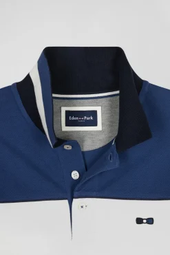 Regular blue tricolor long-sleeved cotton piqué polo shirt