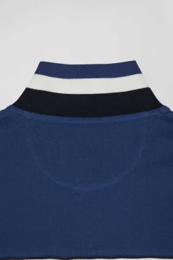 Regular blue tricolor long-sleeved cotton piqué polo shirt