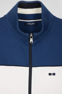 Regular blue tricolor zipped cotton blend sweatshirt