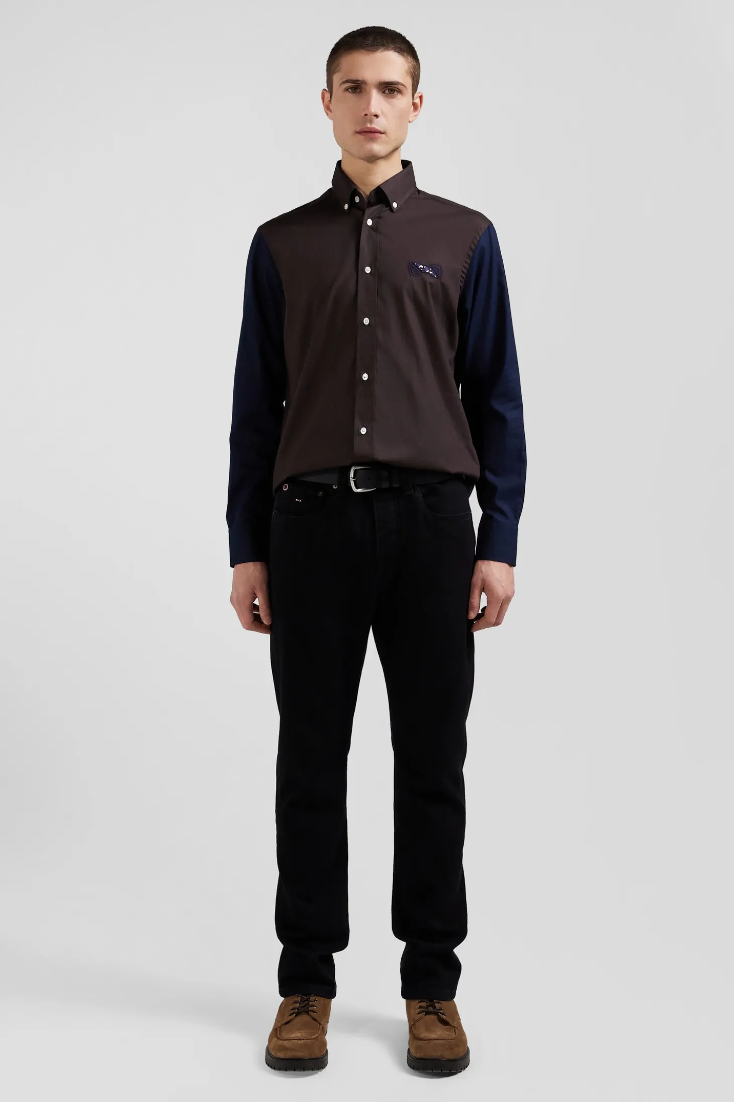 Regular brown and navy oxford cotton shirt N°10 embroidery