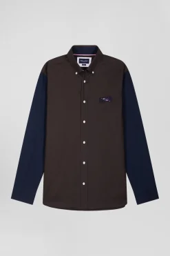 Regular brown and navy oxford cotton shirt N°10 embroidery